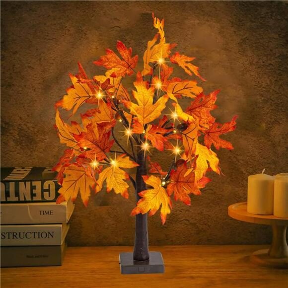 2Pack 24Inch Lighted Thanksgiving Fall Maple Tree Decor, 24 LED Battery Operated - Picture 4 of 8